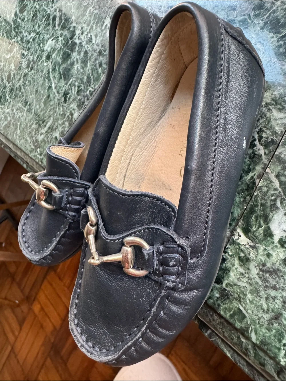 Little Eric Black/Navy blue Leather Loafers with Silver Chain Bit size 25